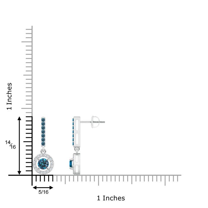 4mm AAA Floating Round Blue Diamond Halo Drop Earrings in White Gold - ruler