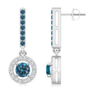 5.4mm AAA Floating Round Blue Diamond Halo Drop Earrings in P950 Platinum