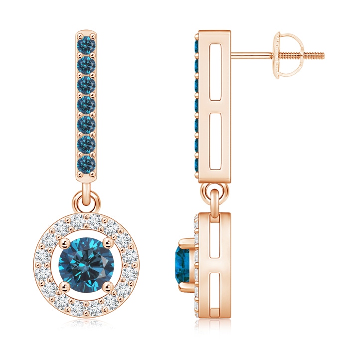 5.4mm AAA Floating Round Blue Diamond Halo Drop Earrings in Rose Gold 