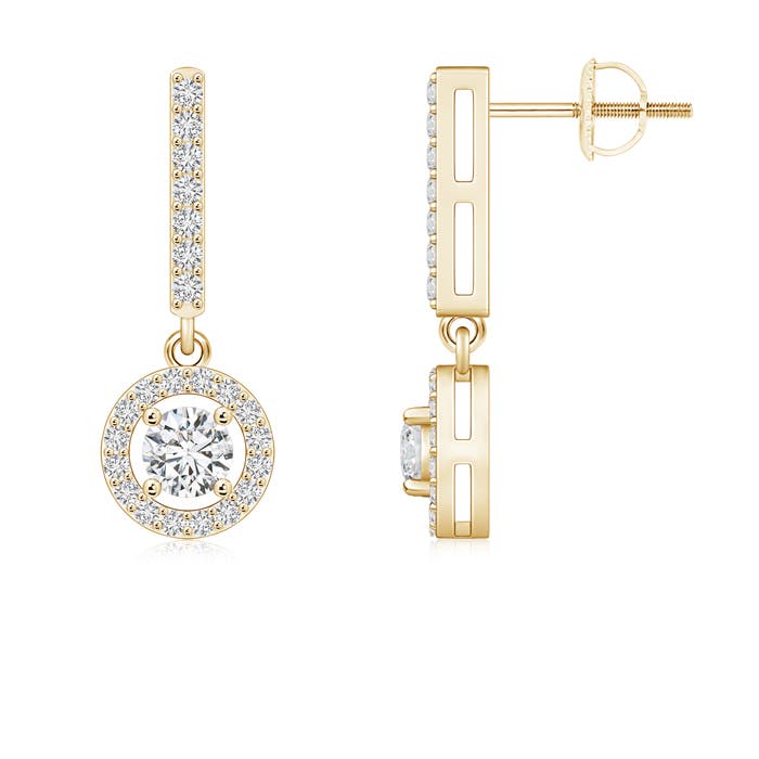 4mm HSI2 Floating Round Diamond Halo Drop Earrings in Yellow Gold