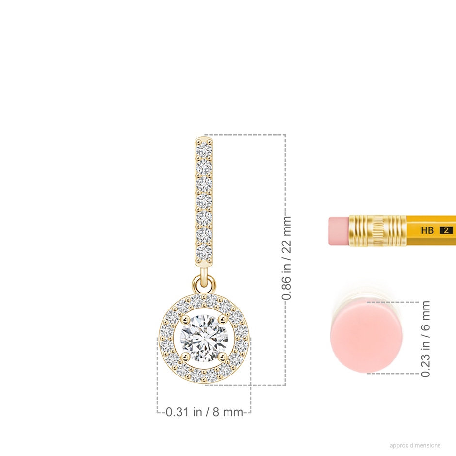 4mm HSI2 Floating Round Diamond Halo Drop Earrings in Yellow Gold ruler