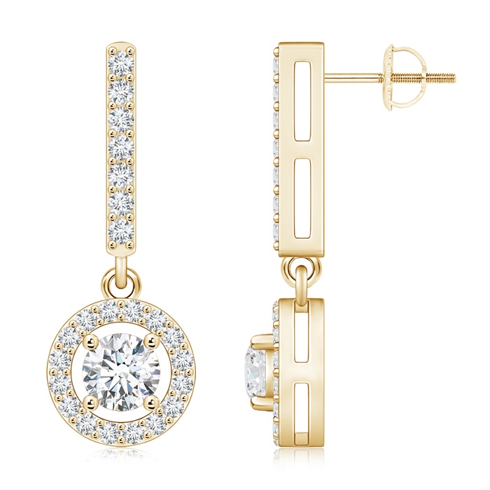 5.4mm GVS2 Floating Round Diamond Halo Drop Earrings in 18K Yellow Gold 