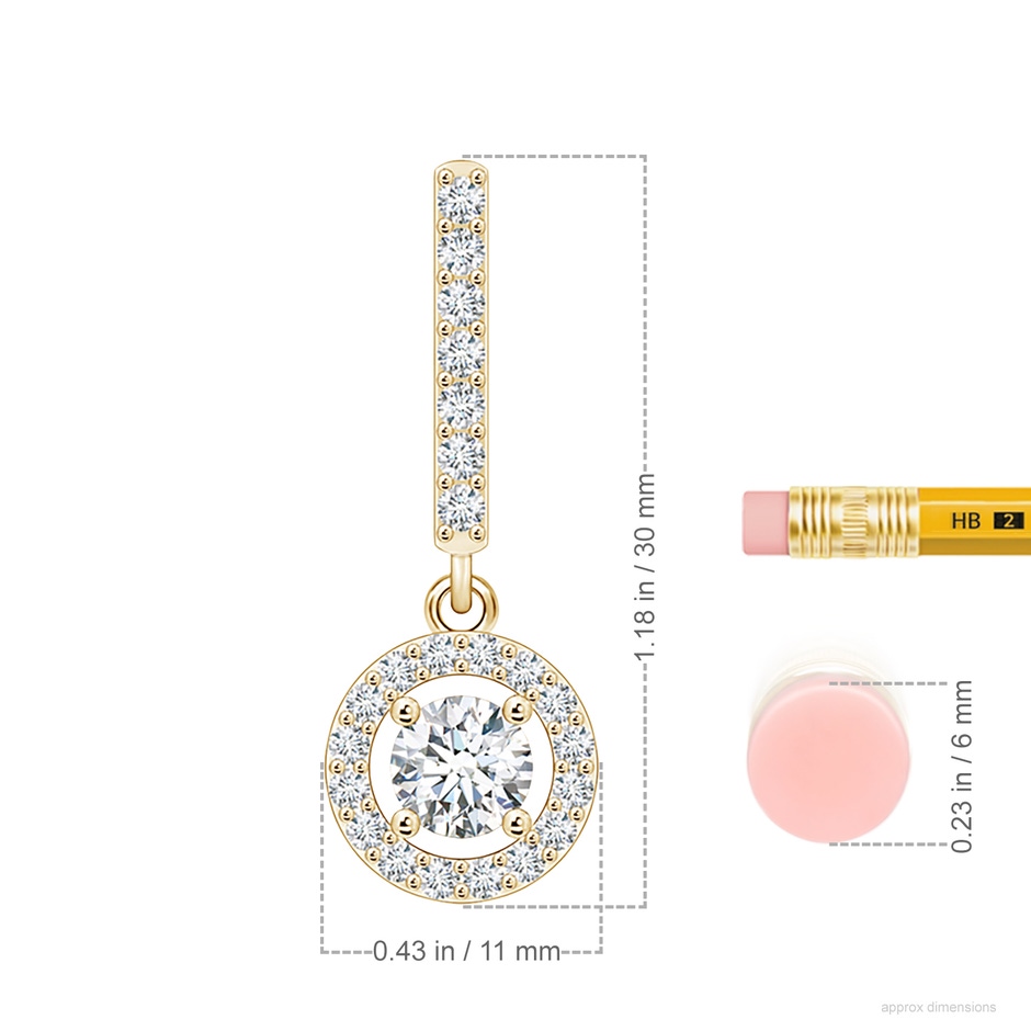 5.4mm GVS2 Floating Round Diamond Halo Drop Earrings in 18K Yellow Gold ruler
