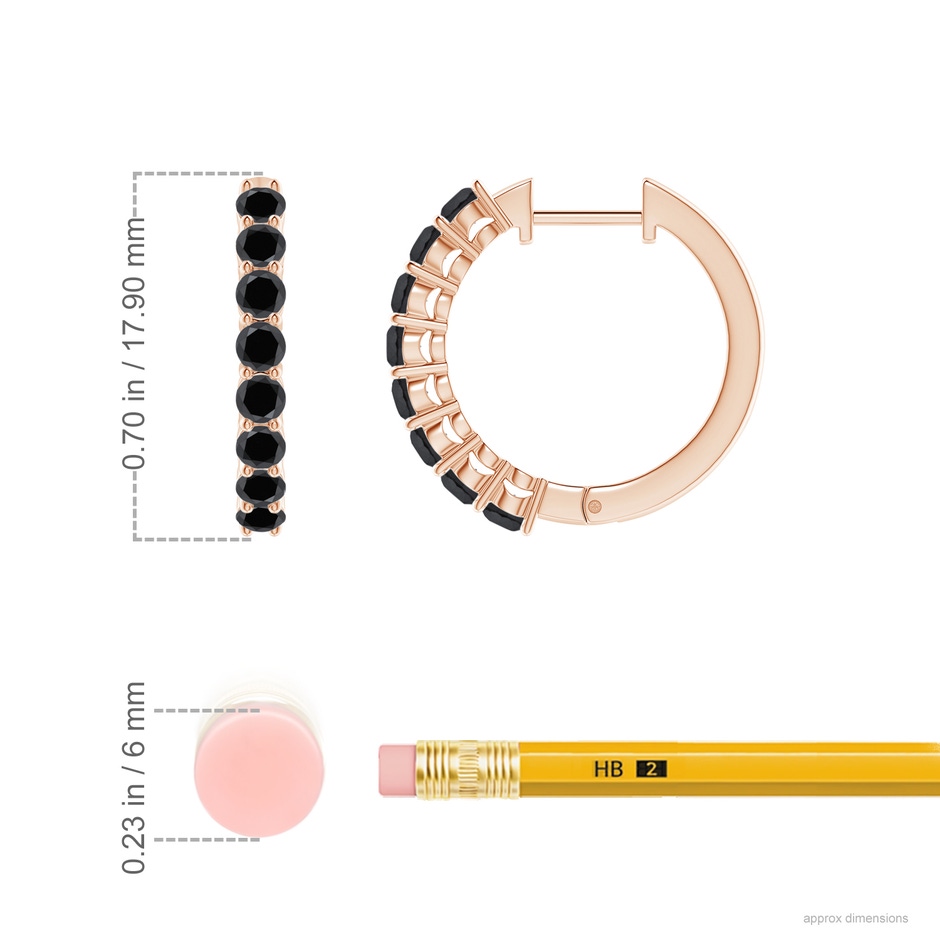 2.5mm AA Airline-Set Black Diamond Hinged Hoop Earrings in Rose Gold ruler