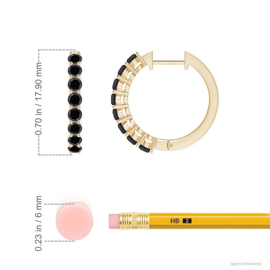 2.5mm AA Airline-Set Black Diamond Hinged Hoop Earrings in Yellow Gold ruler
