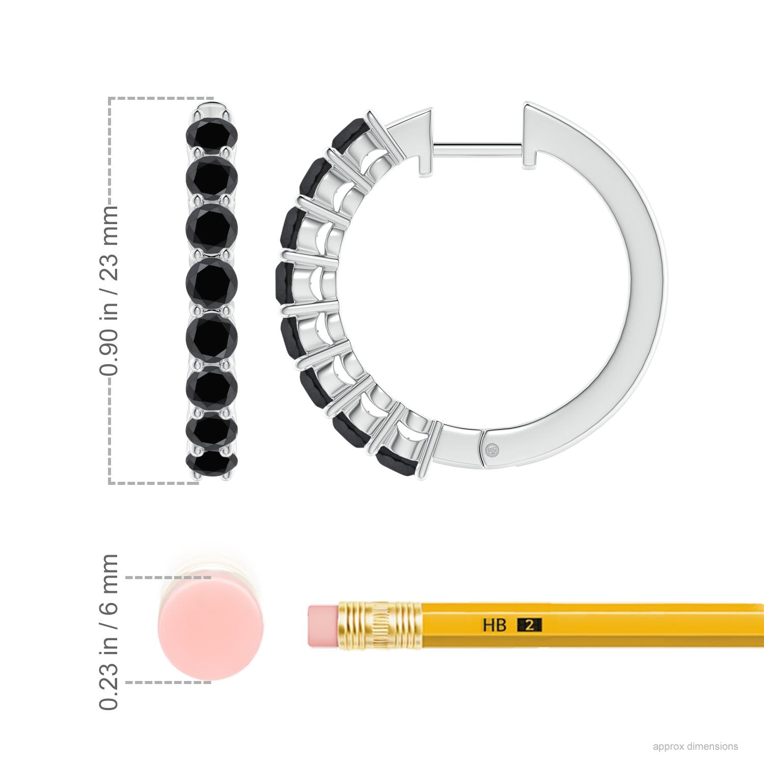3.2mm AA Airline-Set Black Diamond Hinged Hoop Earrings in White Gold - ruler
