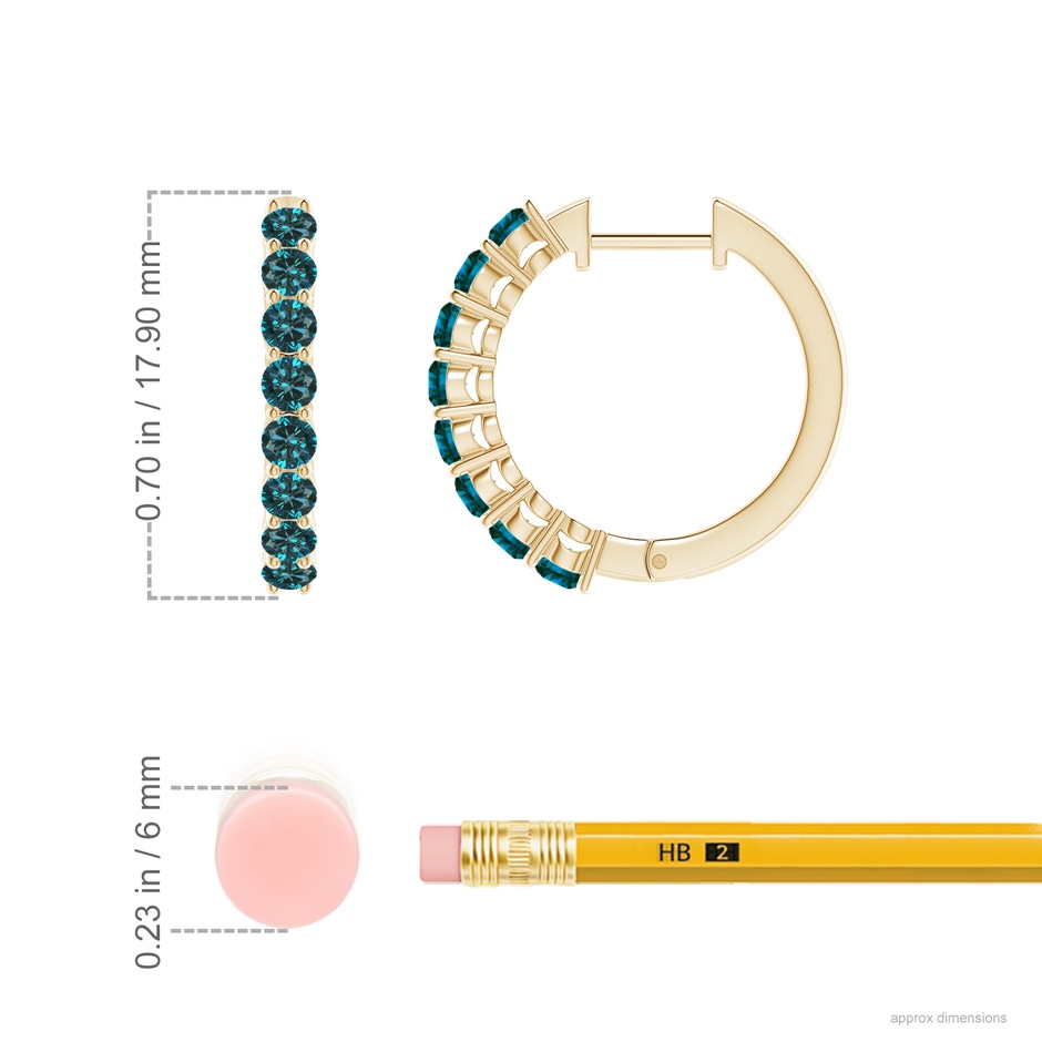 2.5mm AA Airline-Set Blue Diamond Hinged Hoop Earrings in Yellow Gold ruler