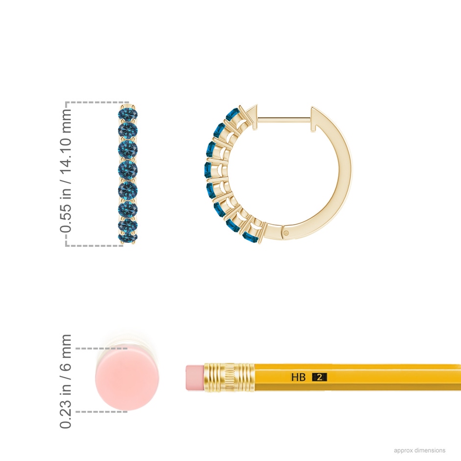 2mm AAA Airline-Set Blue Diamond Hinged Hoop Earrings in 10K Yellow Gold ruler