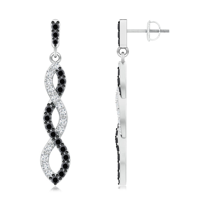 1.6mm A White and Black Diamond Infinity Dangle Earrings in White Gold 
