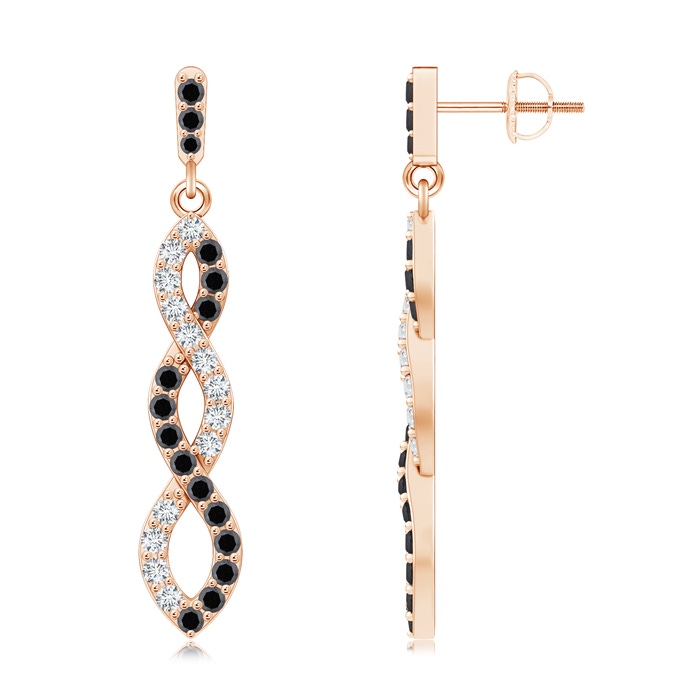 1.6mm AA White and Black Diamond Infinity Dangle Earrings in Rose Gold 