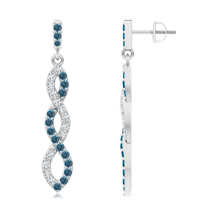 1.6mm AAA White and Blue Diamond Infinity Dangle Earrings in White Gold 