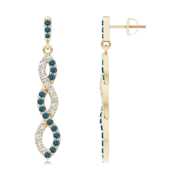 1.6mm AAA White and Blue Diamond Infinity Dangle Earrings in Yellow Gold