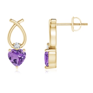 4mm A Heart Shaped Amethyst Ribbon Earrings with Diamond in 10K Yellow Gold