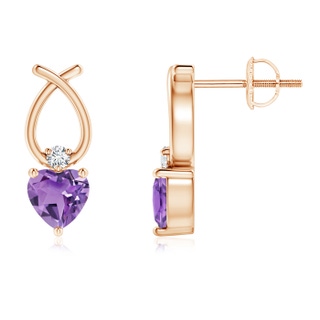 4mm A Heart Shaped Amethyst Ribbon Earrings with Diamond in Rose Gold