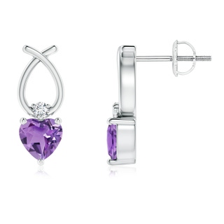 4mm A Heart Shaped Amethyst Ribbon Earrings with Diamond in White Gold