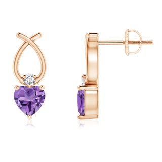 4mm AA Heart Shaped Amethyst Ribbon Earrings with Diamond in Rose Gold