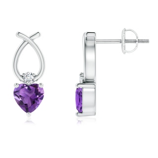 4mm AAA Heart Shaped Amethyst Ribbon Earrings with Diamond in 10K White Gold