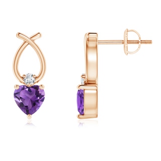 4mm AAA Heart Shaped Amethyst Ribbon Earrings with Diamond in Rose Gold