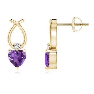 4mm AAA Heart Shaped Amethyst Ribbon Earrings with Diamond in Yellow Gold