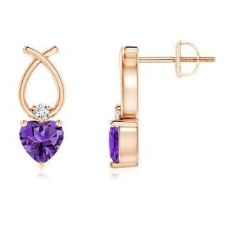 4mm AAAA Heart Shaped Amethyst Ribbon Earrings with Diamond in Rose Gold