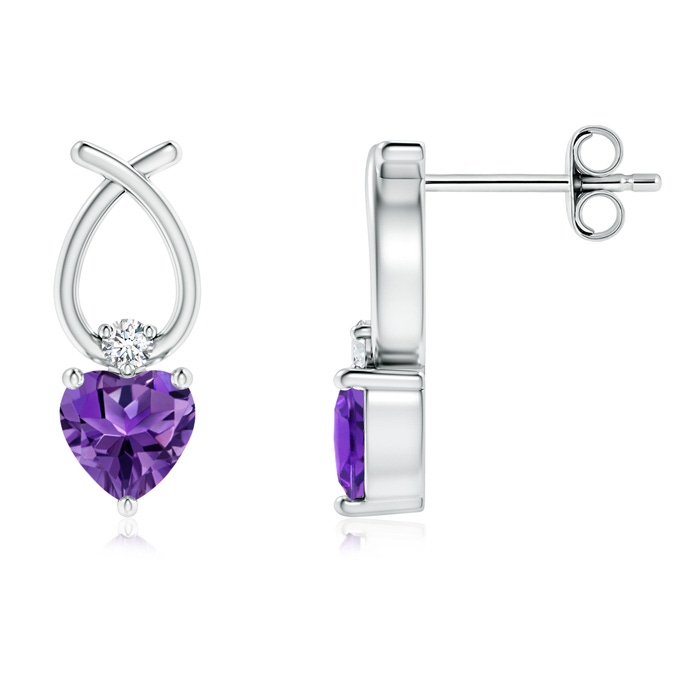 4mm AAAA Heart Shaped Amethyst Ribbon Earrings with Diamond in S999 Silver