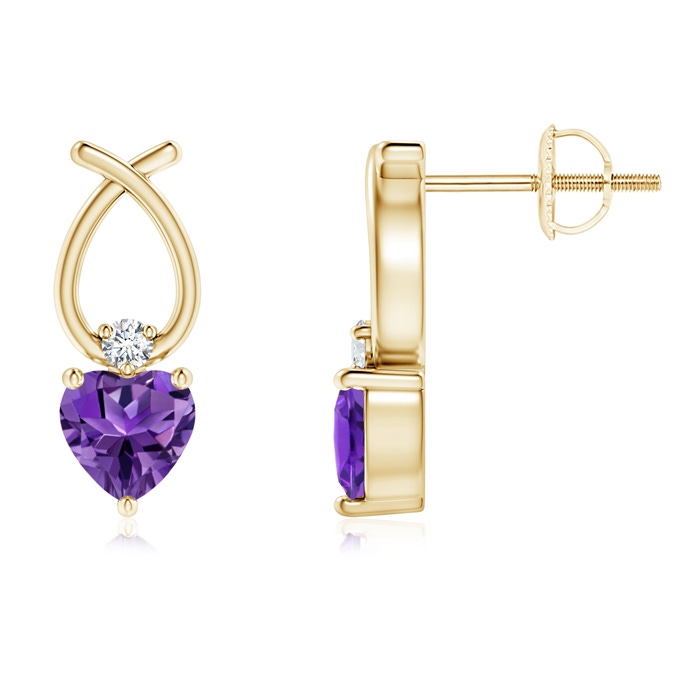 4mm AAAA Heart Shaped Amethyst Ribbon Earrings with Diamond in Yellow Gold