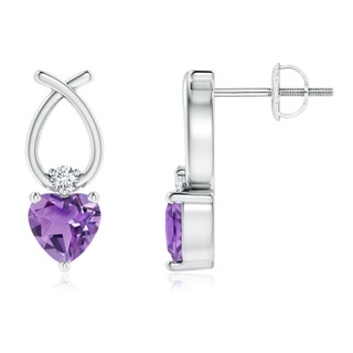 5mm A Heart Shaped Amethyst Ribbon Earrings with Diamond in White Gold