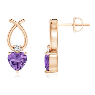 5mm AA Heart Shaped Amethyst Ribbon Earrings with Diamond in Rose Gold