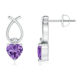 5mm AA Heart Shaped Amethyst Ribbon Earrings with Diamond in White Gold
