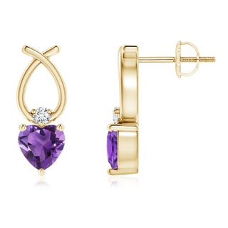 5mm AAA Heart Shaped Amethyst Ribbon Earrings with Diamond in Yellow Gold