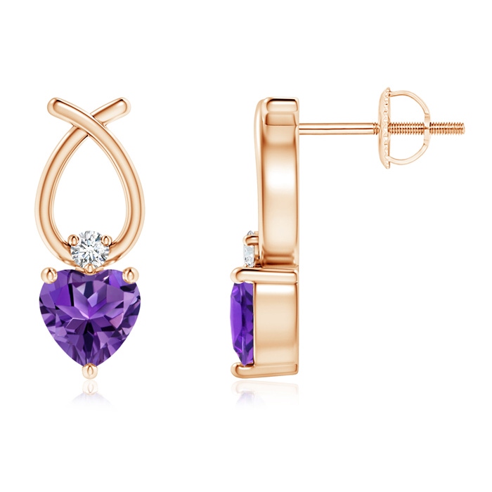 5mm AAAA Heart Shaped Amethyst Ribbon Earrings with Diamond in Rose Gold 