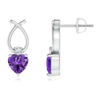 5mm AAAA Heart Shaped Amethyst Ribbon Earrings with Diamond in White Gold