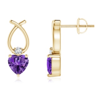 5mm AAAA Heart Shaped Amethyst Ribbon Earrings with Diamond in Yellow Gold