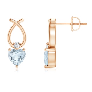 4mm A Heart Shaped Aquamarine Ribbon Earrings with Diamond in Rose Gold