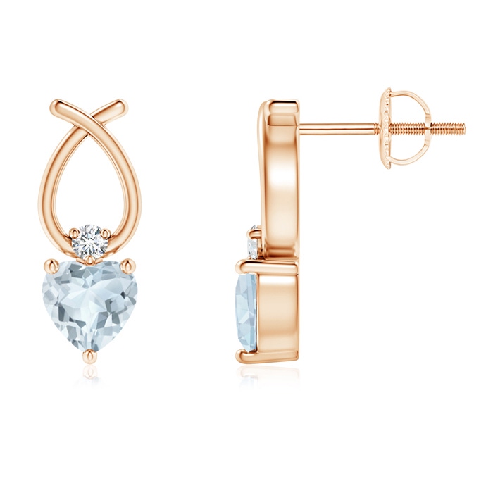 4mm A Heart Shaped Aquamarine Ribbon Earrings with Diamond in Rose Gold 