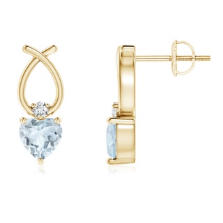 4mm A Heart Shaped Aquamarine Ribbon Earrings with Diamond in Yellow Gold