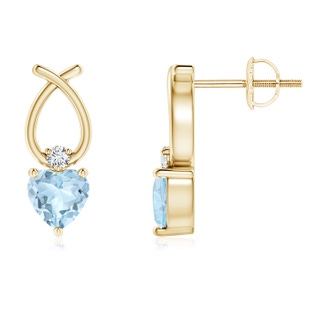 4mm AA Heart Shaped Aquamarine Ribbon Earrings with Diamond in 9K Yellow Gold