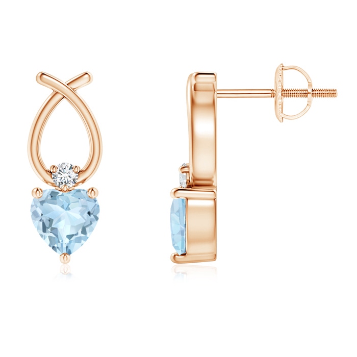 4mm AA Heart Shaped Aquamarine Ribbon Earrings with Diamond in Rose Gold 