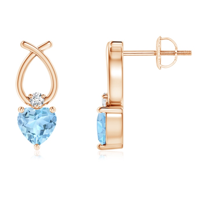 4mm AAA Heart Shaped Aquamarine Ribbon Earrings with Diamond in Rose Gold 