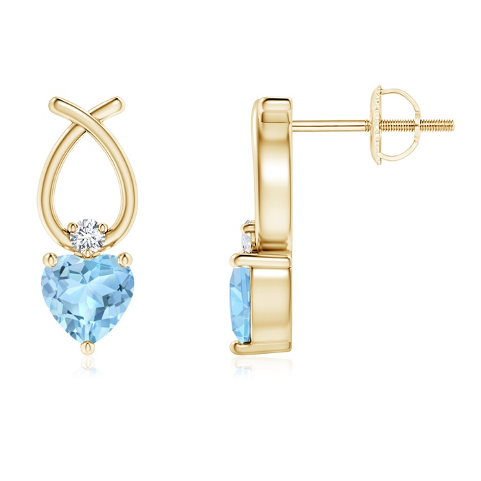 4mm AAA Heart Shaped Aquamarine Ribbon Earrings with Diamond in Yellow Gold 