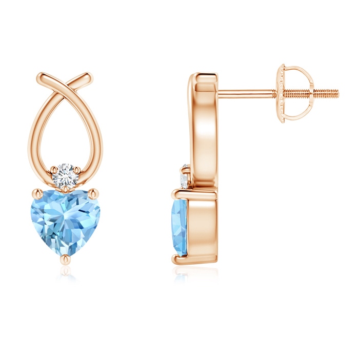 4mm AAAA Heart Shaped Aquamarine Ribbon Earrings with Diamond in Rose Gold