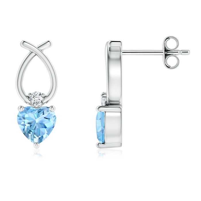4mm AAAA Heart Shaped Aquamarine Ribbon Earrings with Diamond in S999 Silver 
