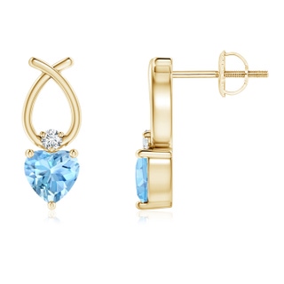 4mm AAAA Heart Shaped Aquamarine Ribbon Earrings with Diamond in Yellow Gold