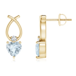 5mm A Heart Shaped Aquamarine Ribbon Earrings with Diamond in Yellow Gold