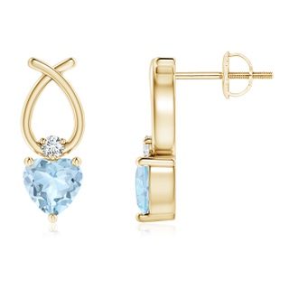 5mm AA Heart Shaped Aquamarine Ribbon Earrings with Diamond in Yellow Gold