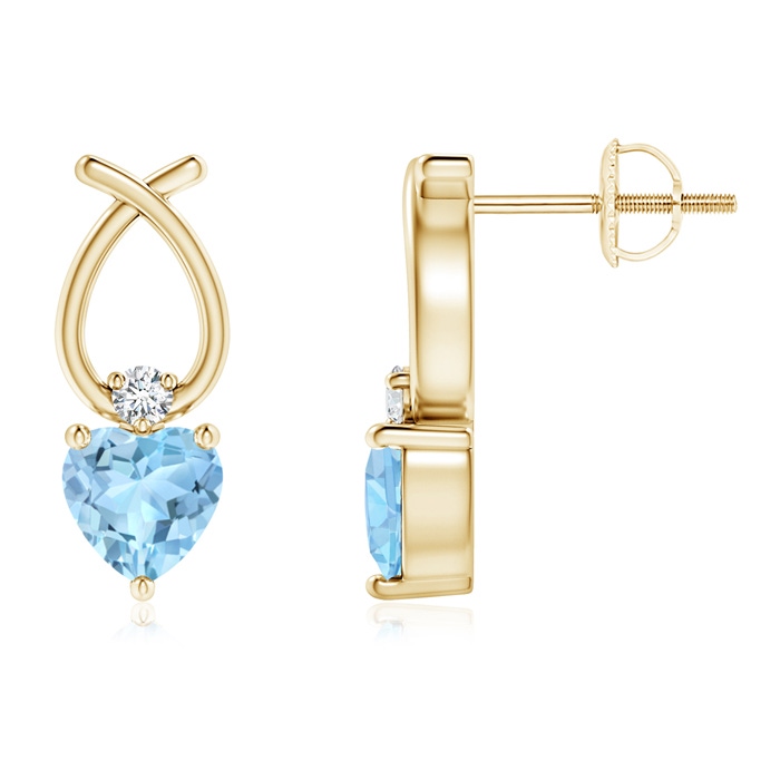 5mm AAA Heart Shaped Aquamarine Ribbon Earrings with Diamond in Yellow Gold 
