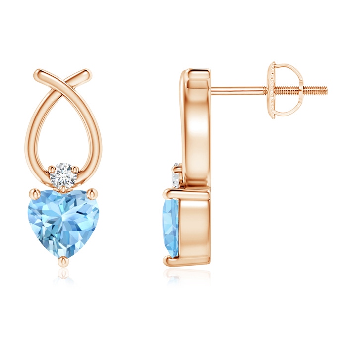 5mm AAAA Heart Shaped Aquamarine Ribbon Earrings with Diamond in Rose Gold 