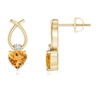 4mm A Heart Shaped Citrine Ribbon Earrings with Diamond in Yellow Gold