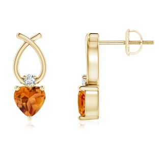 4mm AAA Heart Shaped Citrine Ribbon Earrings with Diamond in Yellow Gold