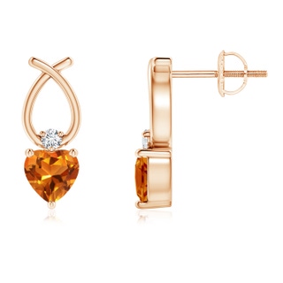 4mm AAAA Heart Shaped Citrine Ribbon Earrings with Diamond in Rose Gold